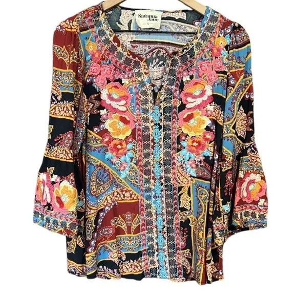 Savanna Jane Boho Floral Embroidered Paisley Bell Sleeve Black Top Size Small - Picture 3 of 13